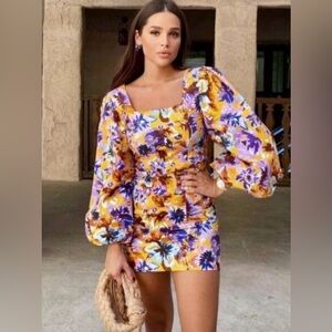 Zara Yellow and Purple Floral Mini Dress with Balloon Sleeves